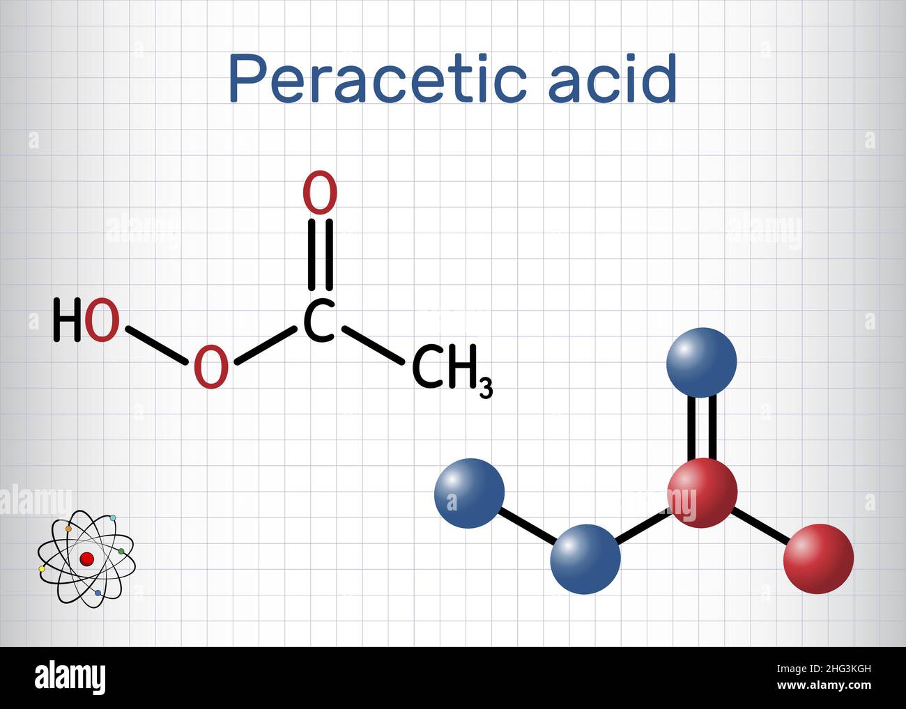 Acide peracétique, acide peroxyacétique, PAA, molécule de peroxyde organique.Bactéricide, fongicide, désinfectant, agent antimicrobien, catalyseur de polymérisation. Illustration de Vecteur