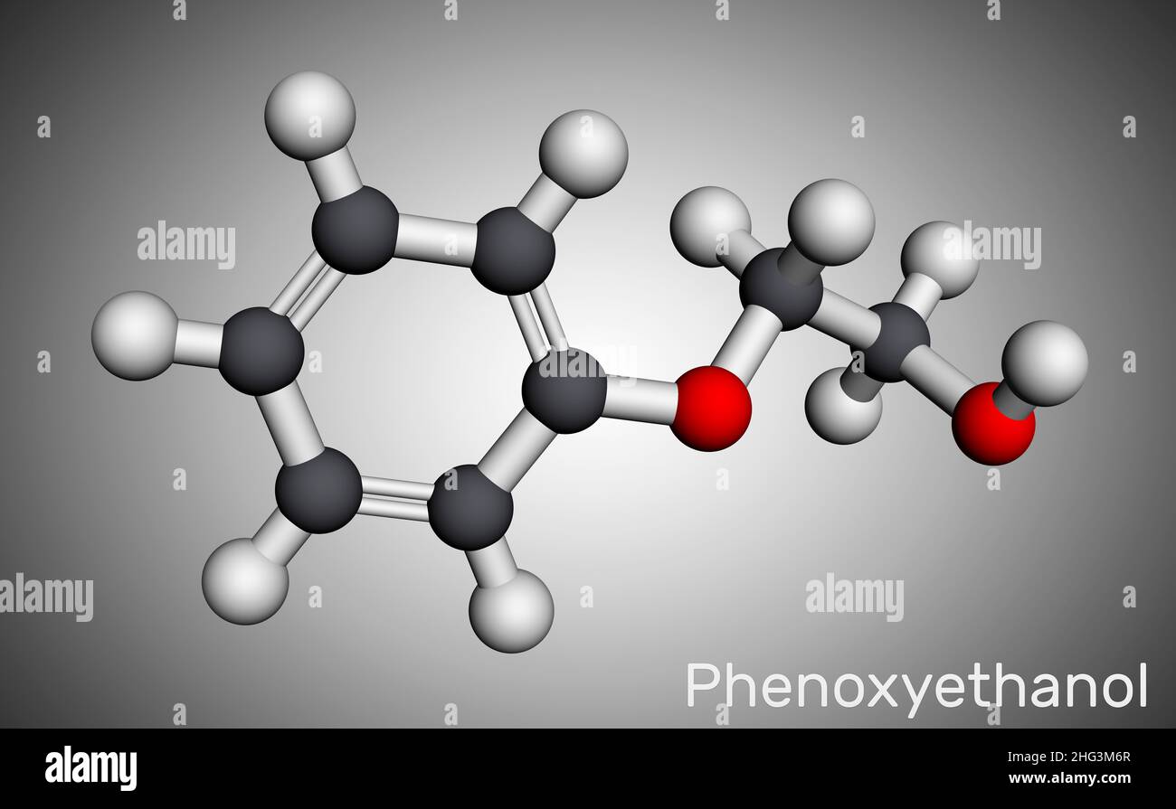 Molécule d'alcool primaire de phénoxyéthanol.Il s'agit d'éther de glycol,  d'agent antiinfectieux, de conservateur, d'antiseptique, de solvant.Modèle  moléculaire.3D rendu.Il Photo Stock - Alamy