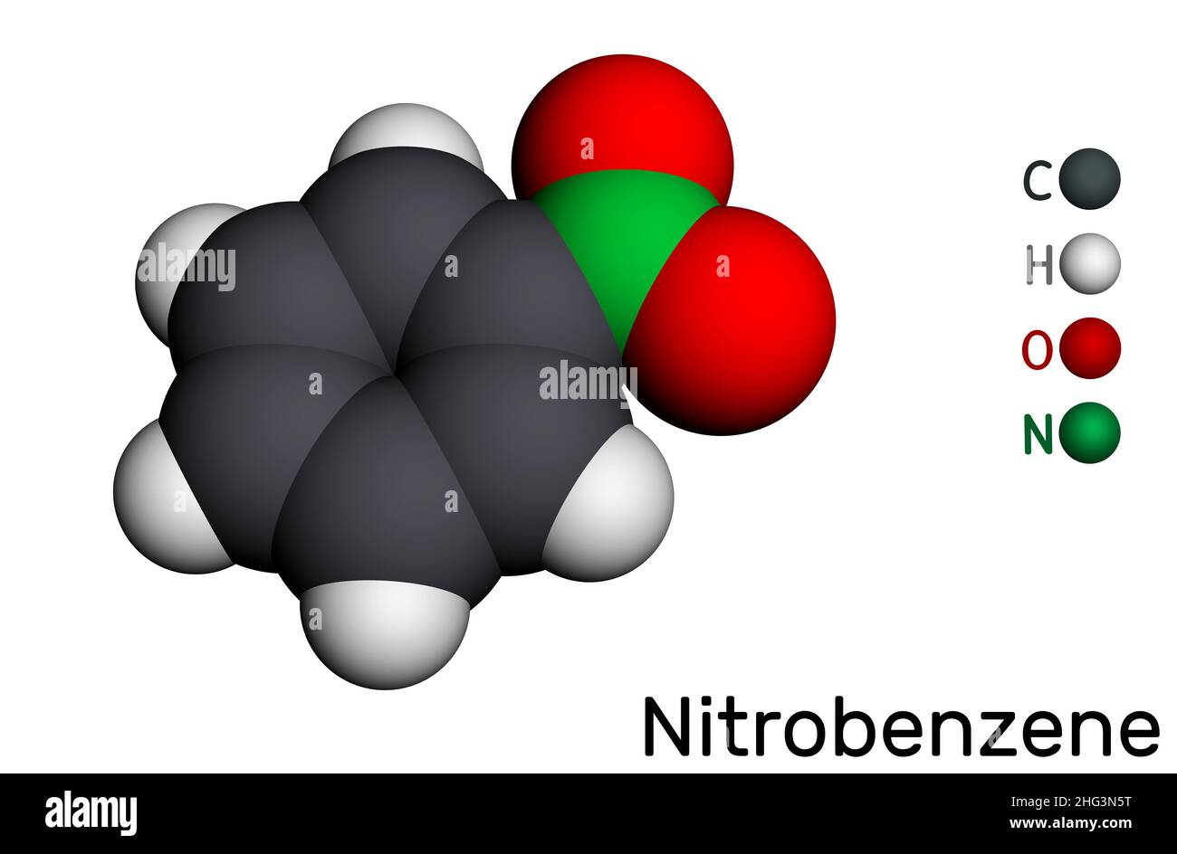Molécule de nitrobenzène.Il est utilisé dans la fabrication de l'aniline, des colorants, des médicaments, des pesticides et du caoutchouc synthétique modèle moléculaire.3D rendu.Illustrateur Banque D'Images