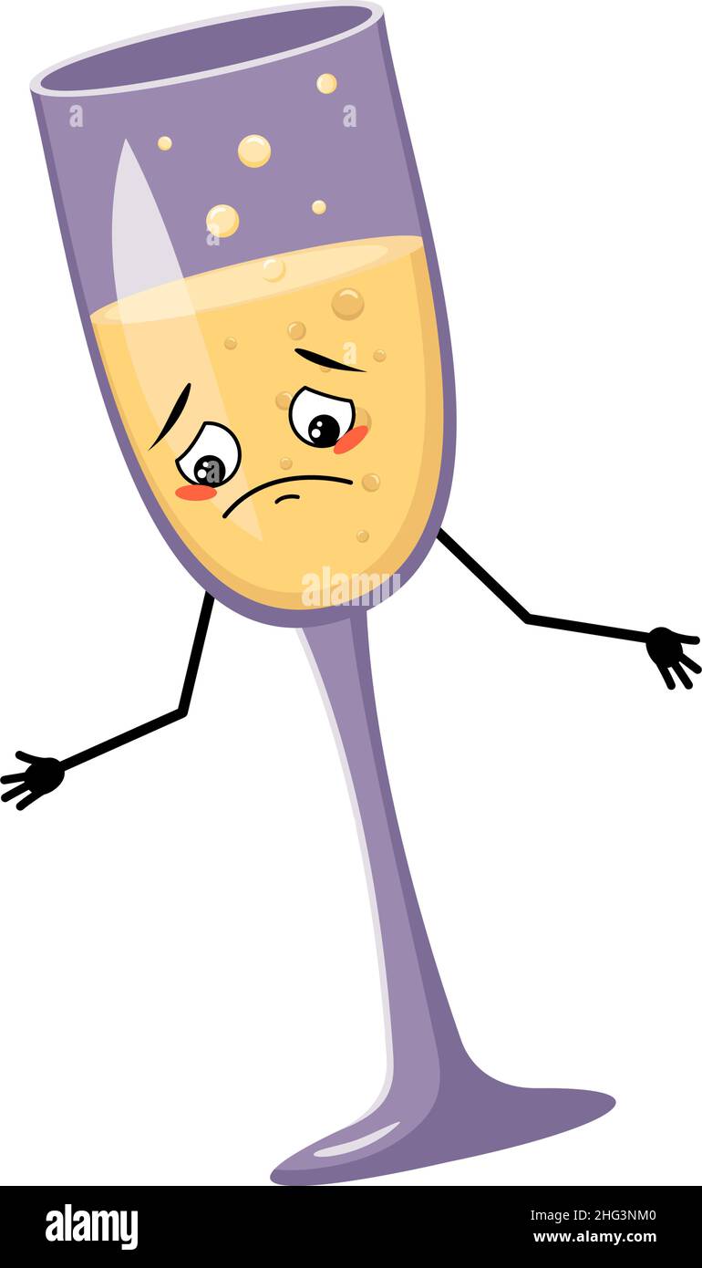 Verres de vin mousseux caractère avec des émotions tristes, le visage déprimé, les yeux bas, les bras et les jambes.Alcool homme avec expression mélancolique, contenant en verre pour les vacances et les fêtes.Illustration vectorielle plate Illustration de Vecteur