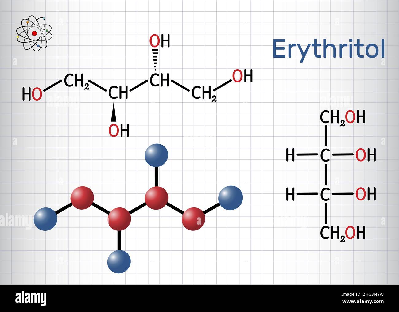 Molécule d'érythritol.Il s'agit d'alcool de sucre ou de polyol, additif alimentaire, succédané de sucre, E968.Formule chimique structurelle, modèle moléculaire.Feuille de papier Illustration de Vecteur