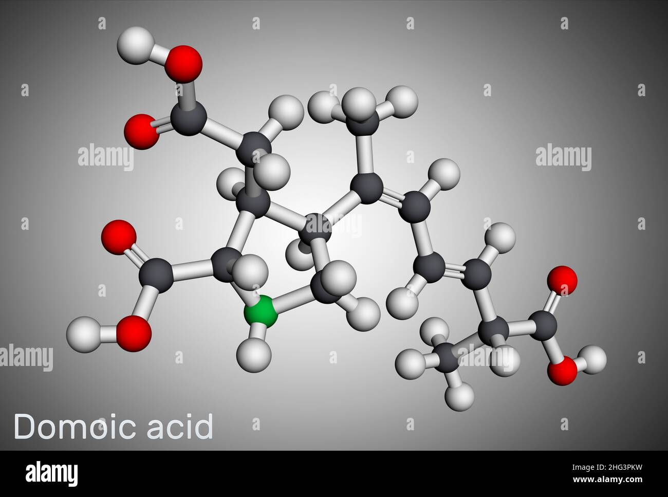 Acide domoïque, molécule de neurotoxine DA.Il est analogue à l'acide kainique, produit par l'algal diatomique Pseudo-nitzschia.Modèle moléculaire.3D rendu.Il Banque D'Images