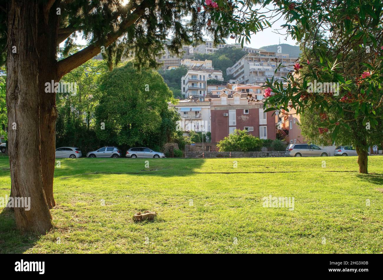 Monténégro - Budva: 6 septembre 2021: Parc public de la ville de Budva avec des bâtiments résidentiels sur la colline.Ville touristique avec de beaux jardins verdoyants Banque D'Images