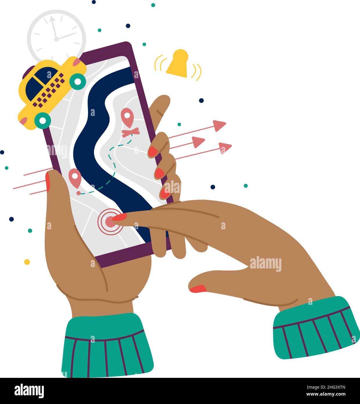 Main touchant l'écran.Application Mobile Drive, service de taxi en ligne.Rechercher sur route, jeux et applications pour smartphone.Carte Web et voiture, concept de vecteur décent Illustration de Vecteur