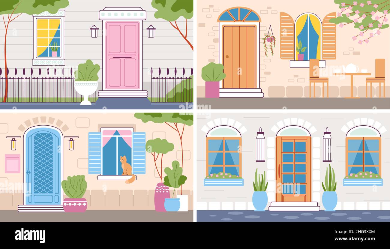 Entrée de la maison.Illustration de la façade, portes et fenêtres dans les murs de briques de la maison.Extérieur des maisons de ville et de campagne, rue mignonne.Bâtiments, architecture Illustration de Vecteur