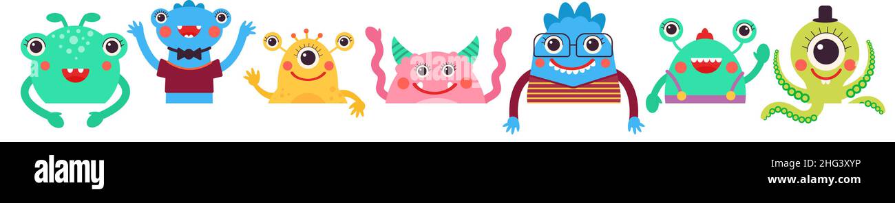 Bannière monstre.Monstres laids drôles, dessins animés extraterrestres mignons pour les enfants.Anniversaire, décoration de fête de bébé.Affiche colorée pour les enfants, conception décente de vecteur Illustration de Vecteur