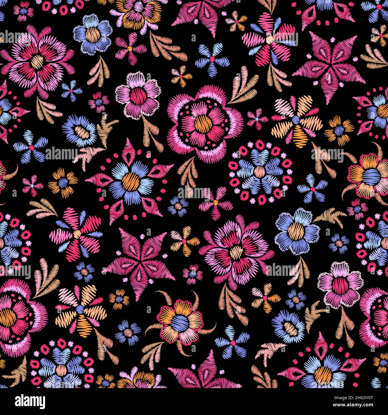 Fleurs sauvages à broderie abstraite.Fleurs brodées, bouquet de printemps rose.Imprimé fleuri décoratif, magnifique jardin fleuri effet de fleurs vectorisation de nowaray Illustration de Vecteur