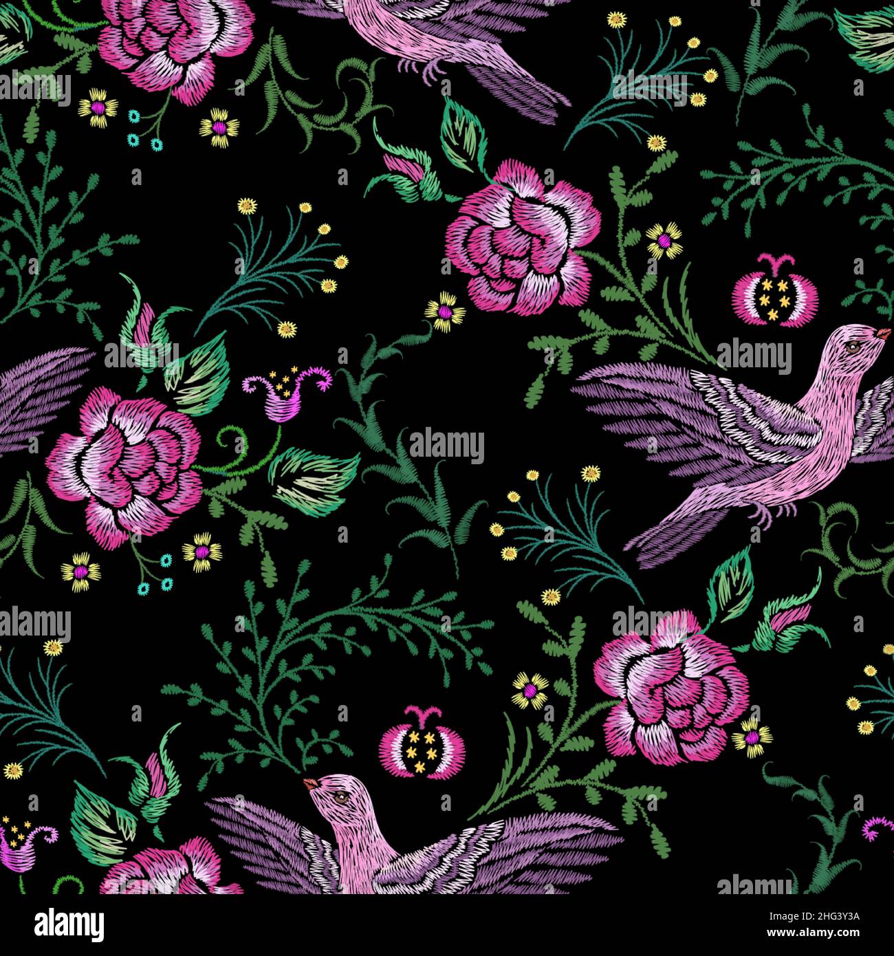 Motif oiseaux fleuris.Broderie oiseau et rose ou pivoine, motif d'art victorien.Papier peint romantique de jardin de printemps.Branche de fleur vecteur vintage Illustration de Vecteur