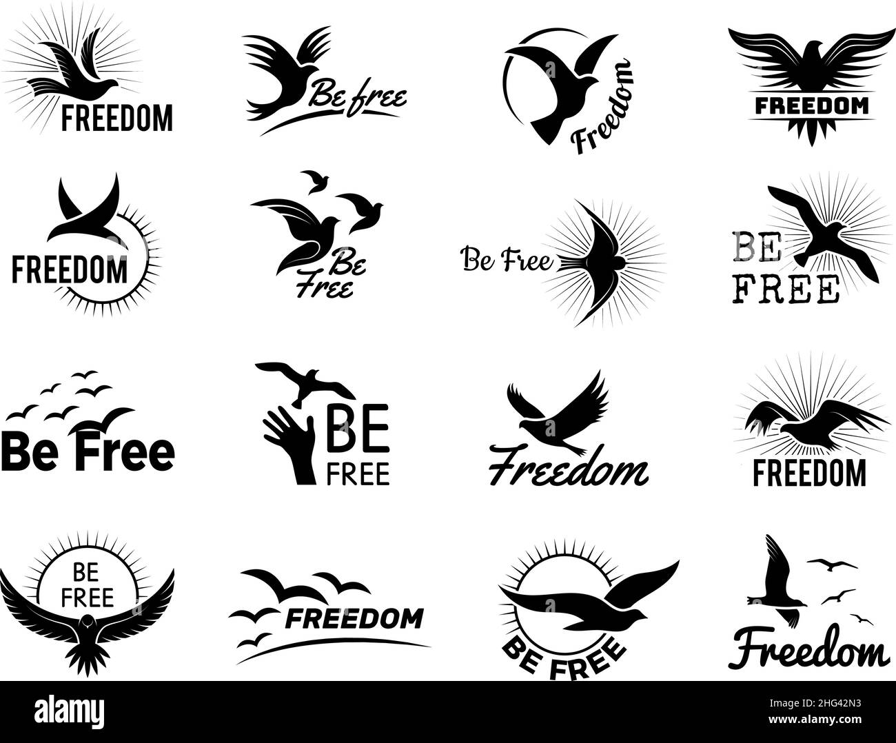 Logo Flying Birds.Symboles stylisés de la liberté typographie badges libellé identité business templates Collection récente de vecteurs Illustration de Vecteur