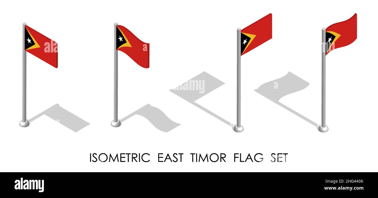 Drapeau isométrique du TIMOR ORIENTAL en position statique et en mouvement sur le mât.vecteur 3d Illustration de Vecteur