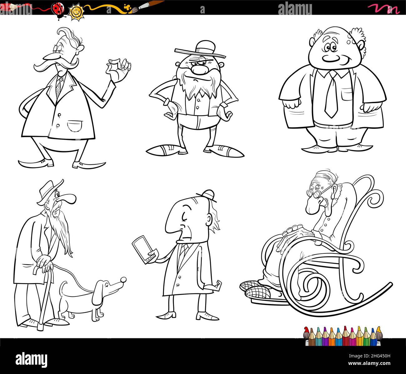 Dessin animé noir et blanc illustration des personnages aînés ensemble coloriage livre page Illustration de Vecteur