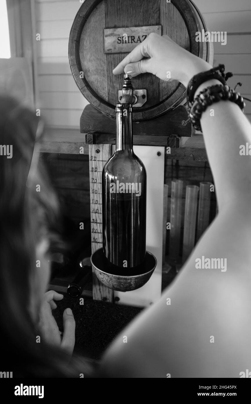 Femme remplissant une bouteille de vin avec du vin rouge shiraz de fût en bois.Noir et blanc Banque D'Images