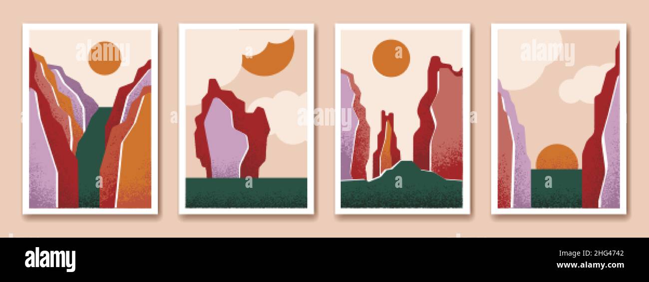 Paysage art créatif. Coucher de soleil de Boho, cartes postales de style japonais nature.Panorama de montagne, grunge moderne abstrait décoratif dessin Swanky vecteur Illustration de Vecteur