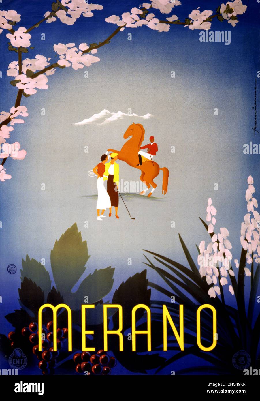 Merano par Sergio Franciscone (1912-?). Affiche publiée en 1937 en Italie. Banque D'Images