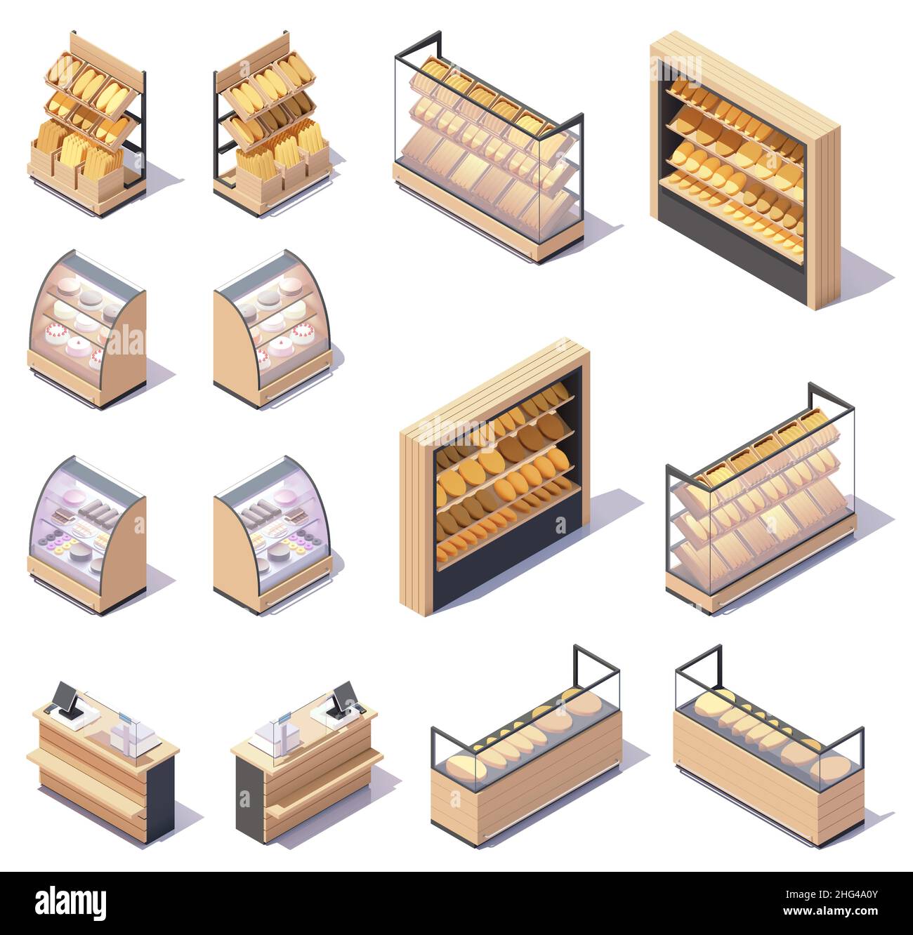 Étalages et étagères de boulangerie isométrique Vector.Stands de boulangerie et de pain, comptoir des caisses.Équipement de vente au détail de l'épicerie Illustration de Vecteur