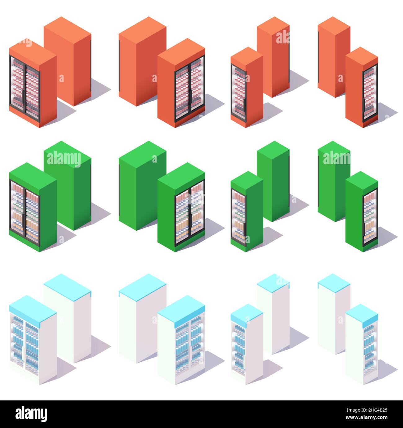 Refroidisseurs à boissons de supermarché Vector Isométrique.Réfrigérateur ou réfrigérateur pour bière, eau et autres boissons à l'épicerie.Équipement de vente au détail Illustration de Vecteur