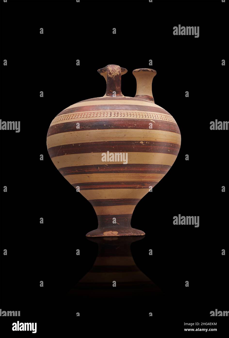 Pot de poterie mycénienne décoré de bandes concentriques, 1350 -1250 av. J.-C.Cimetière préhistorique Mycenae.Site archéologique Musée Mycenae. Banque D'Images