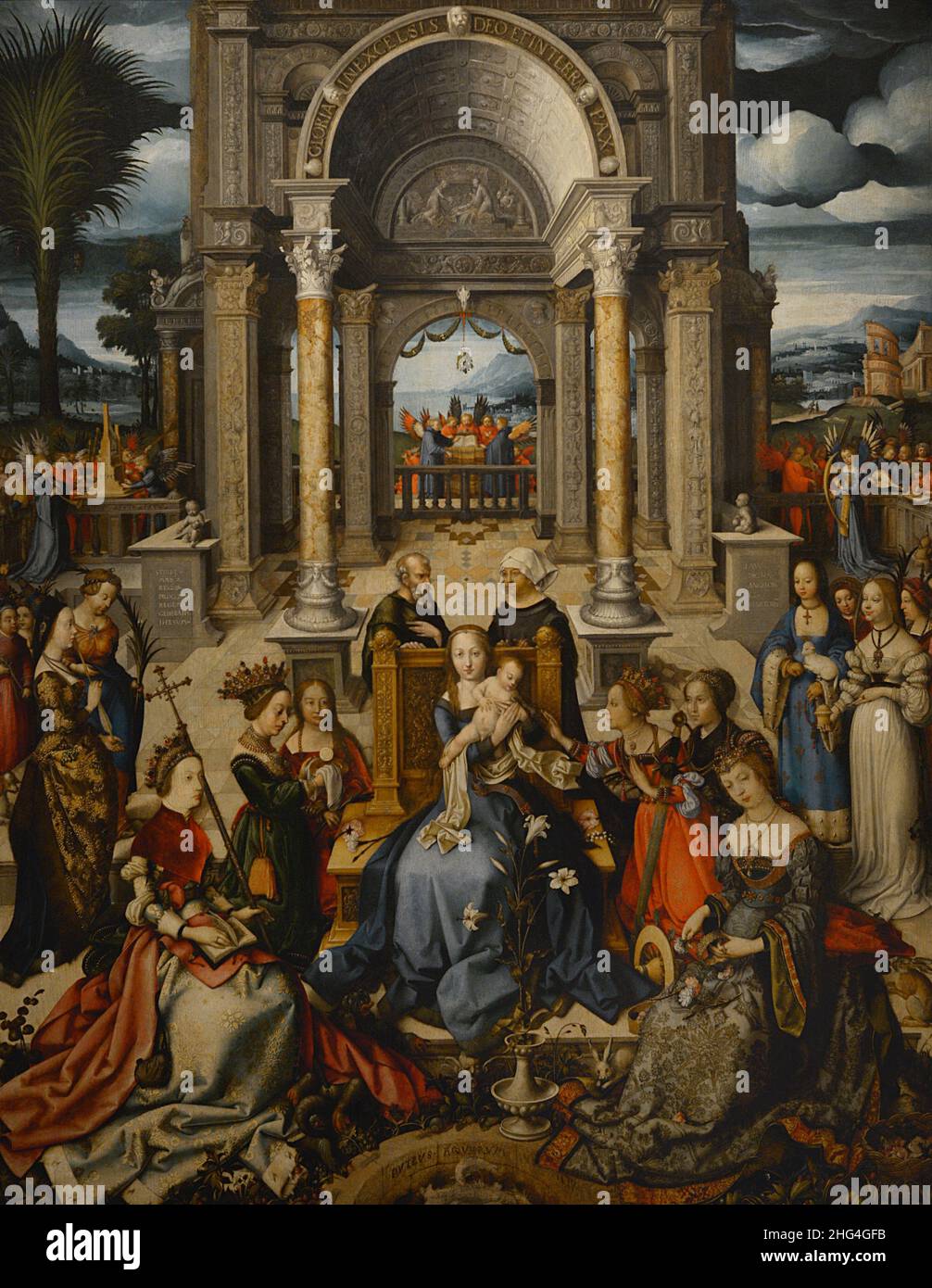 Hans Holbein The Elder (vers 1465-1524).Peintre allemand.Vierge et enfant avec saints, 1519.Peinture composée d'un groupe de saints.De gauche à droite : Agatha, Apollonia, Ursula, Margaret, Barbara,Dorothea, Catherine, Anne, Magdalene et Geneviève.Au centre, la Vierge et l'enfant.Derrière le trône de la Vierge, on peut voir les figures d'Anne et de Saint Joachim.Huile sur le panneau (192 x 137,5 cm).De Palacio das Neecessidades (Lisbonne).Musée national d'Art ancien Lisbonne, Portugal. Banque D'Images