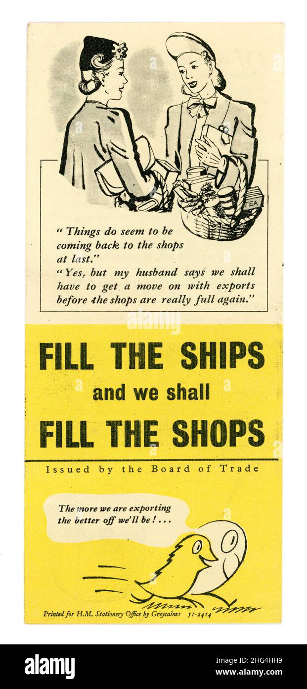 Brochure d'information de la Chambre de commerce du gouvernement de Retro 1950 intitulée « Remplissez les navires et nous remplirons les magasins » encourageant les exportations à stimuler la croissance économique au Royaume-Uni en date de 1951, Banque D'Images