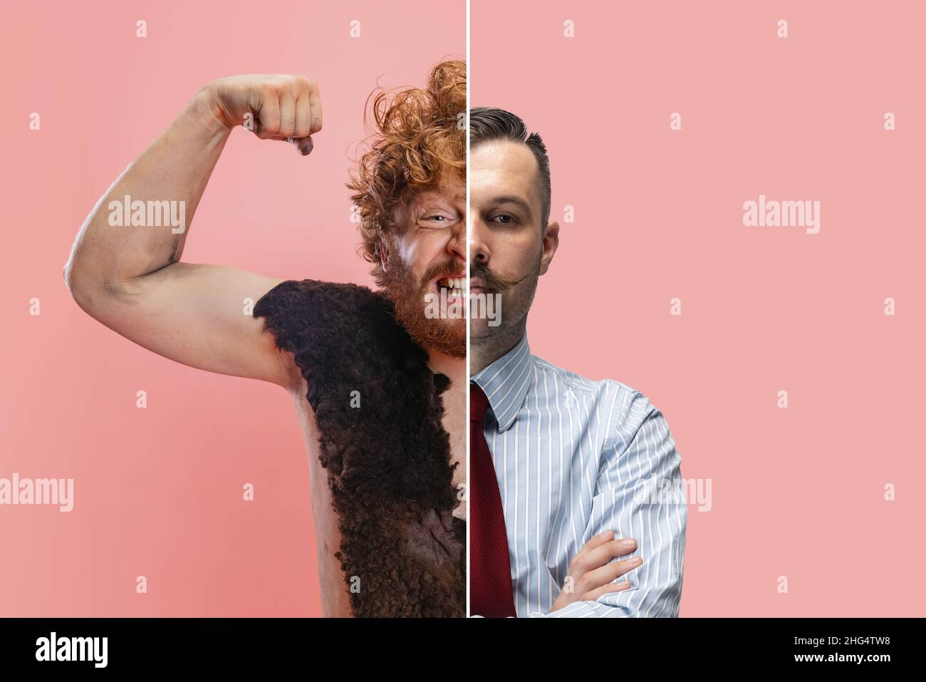 Collage de deux hommes, personne et homme d'affaires de neanderthal, employé de bureau isolé sur fond rose.Demi-face Banque D'Images