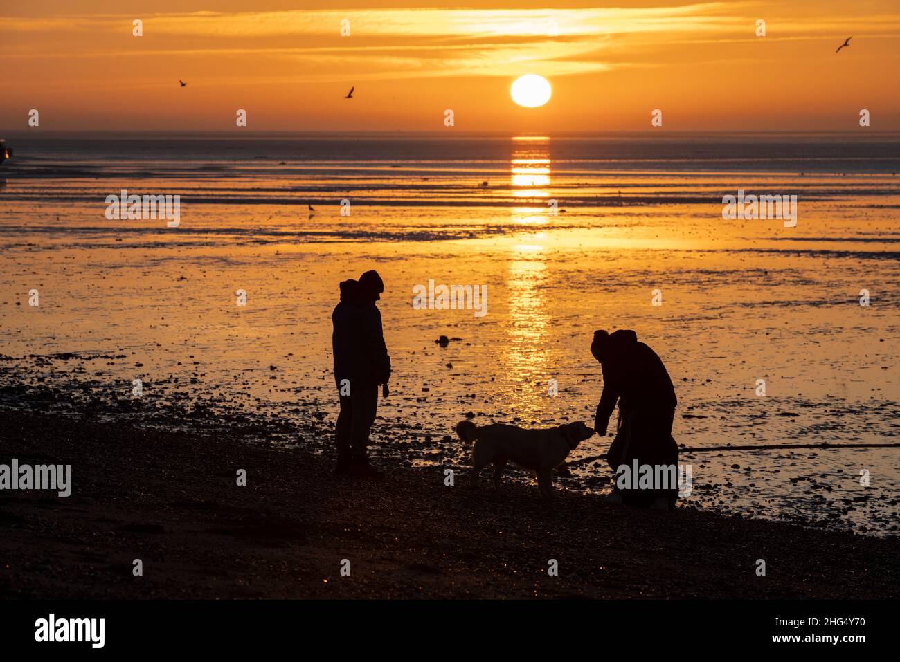 Lever du soleil tôt le matin à Thorpe Bay, près de Southend-on-Sea dans Essex, Angleterre situé sur l'estuaire de la Tamise, Royaume-Uni Banque D'Images