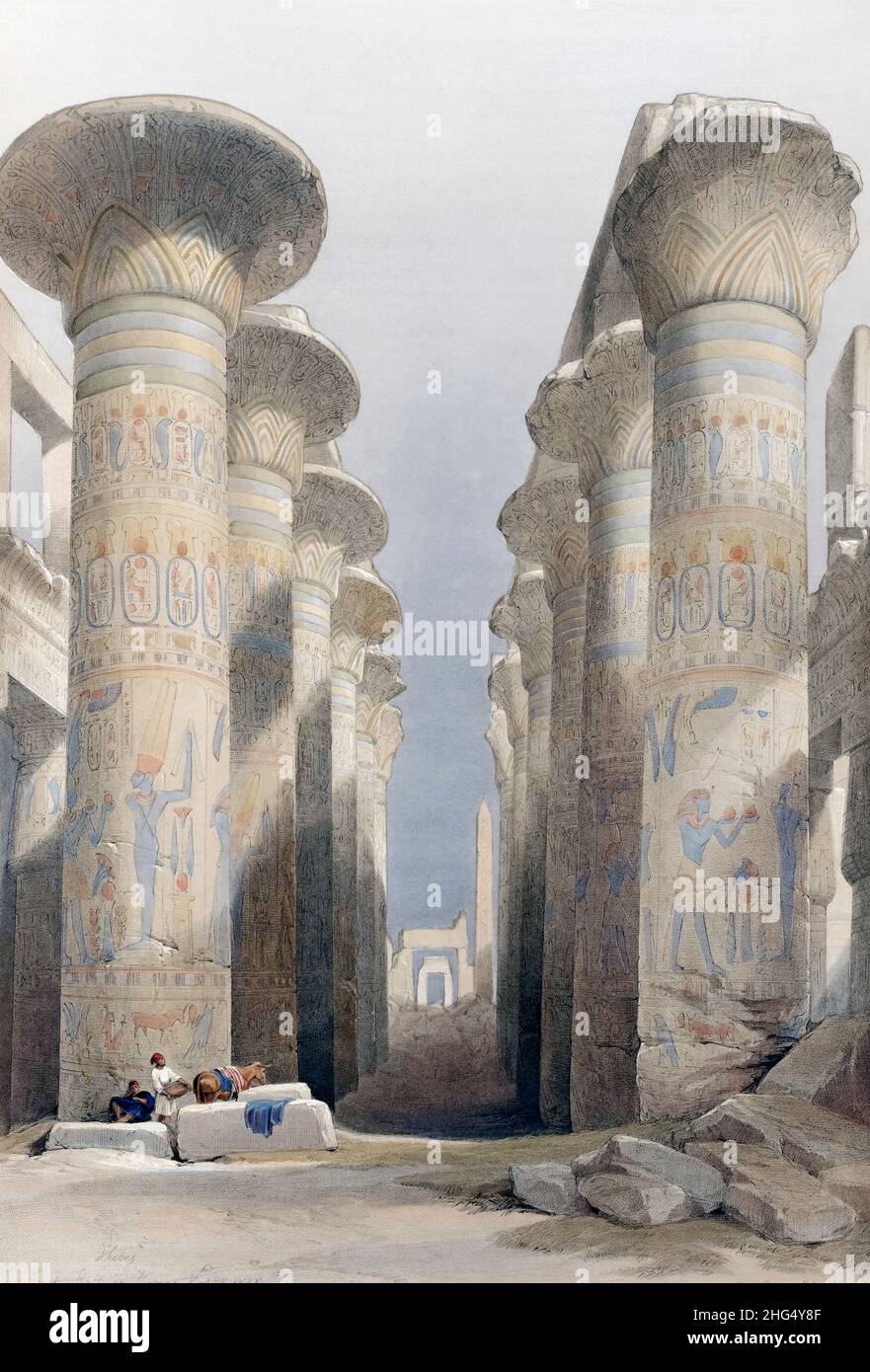 Avenue centrale de la Grande salle des colonnes, Karnac, Égypte.Après une œuvre de l'artiste écossais David Roberts, 1796-1864 ans, et du lithographe belge Louis Haghe, 1806-1885.Du volume 4 de la Terre Sainte, Syrie, Idumea, Arabie, Egypte,Et Nubia.Les six volumes ont été publiés entre 1842 et 1849. Banque D'Images