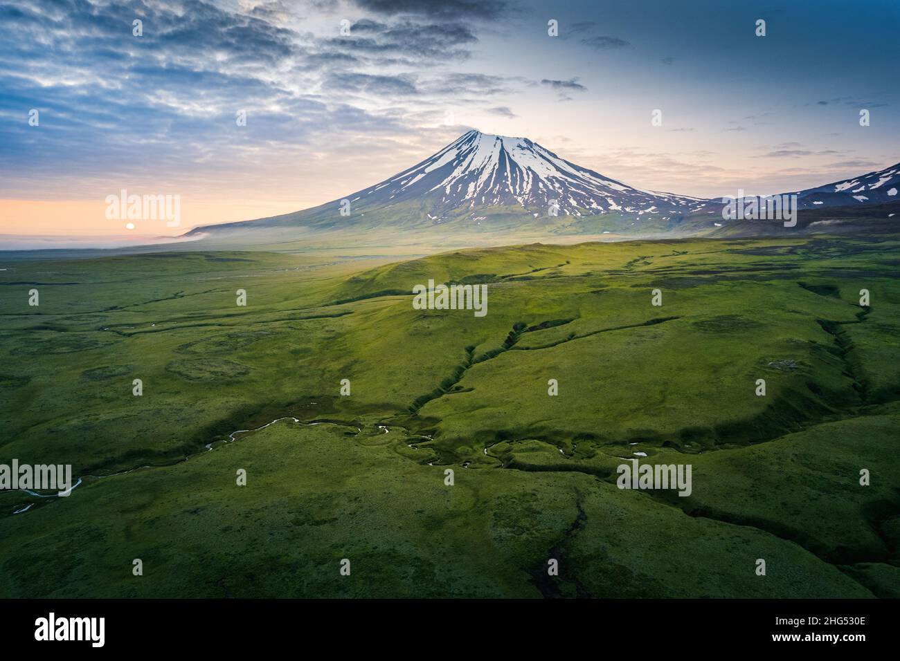 Volcan Vsevidofà Umnak, îles Aléoutiennes, Alaska Banque D'Images