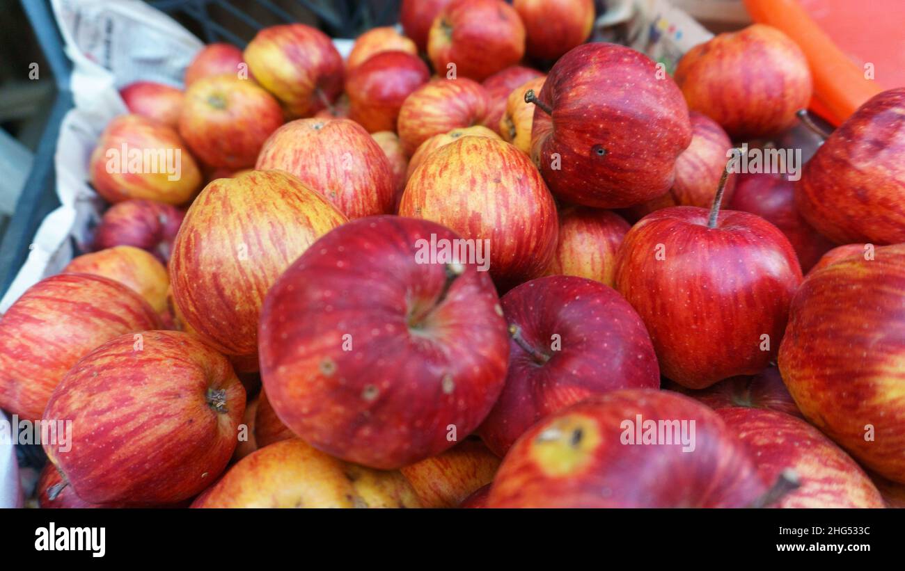 Pommes rouges sur le banc de bazar du village, pommes rouges biologiques gros plan.Concept agricole de manger propre pour un beau papier peint.Apport en vitamines. Banque D'Images