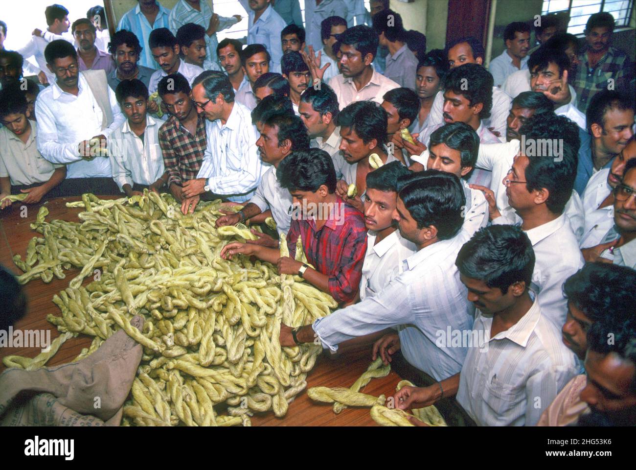 Les hommes d'affaires inspectent et marchandes sur des pelées de soie brute, ou cordes de soie, sur un marché de Bangalore.Karnataka, Inde Banque D'Images