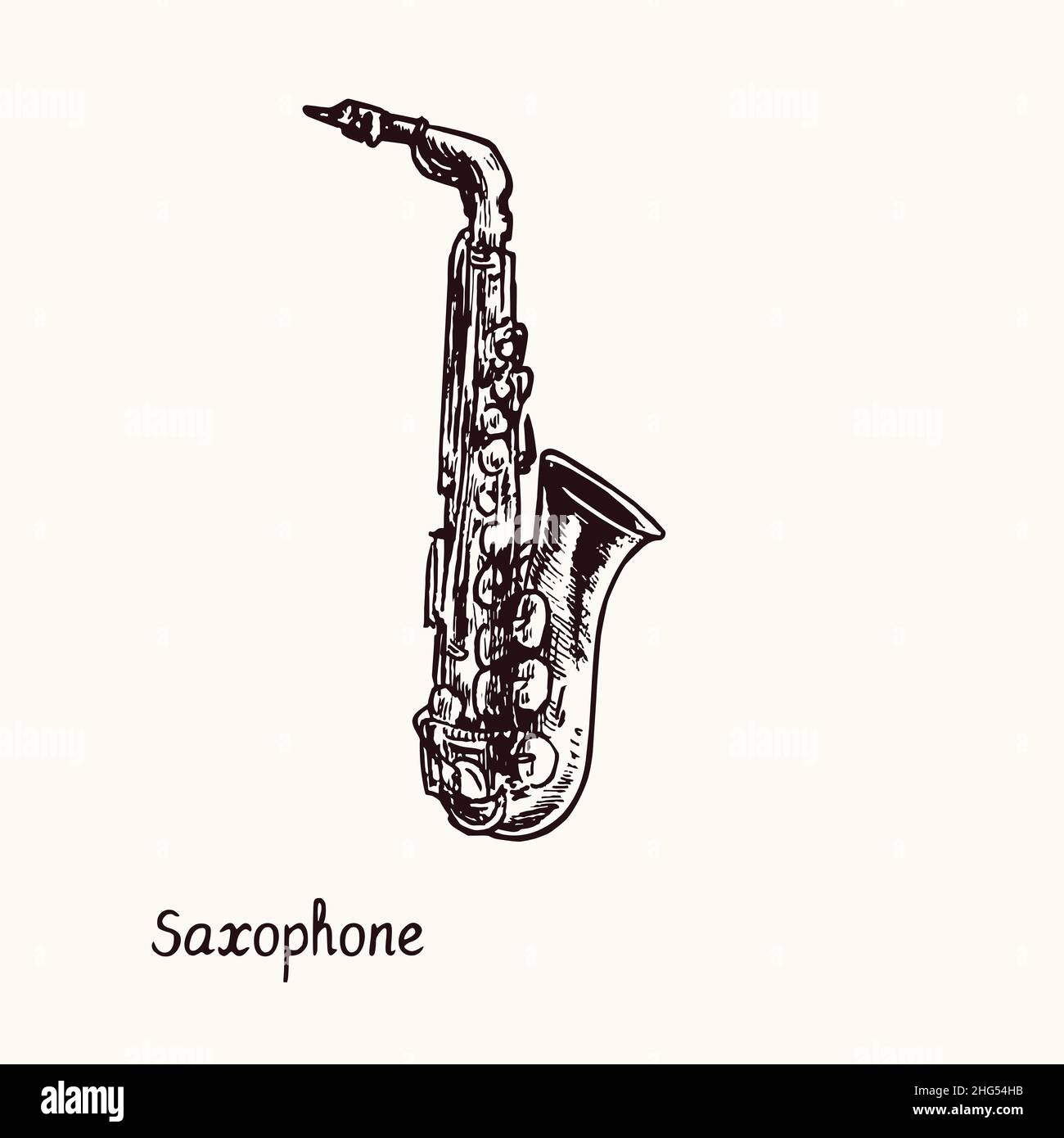 Saxophone.Dessin d'une boisée noire et blanche avec inscription. Banque D'Images