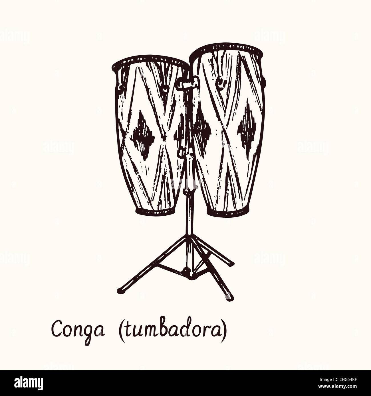Conga (tumbadora).Dessin d'une boisée noire et blanche avec inscription. Banque D'Images