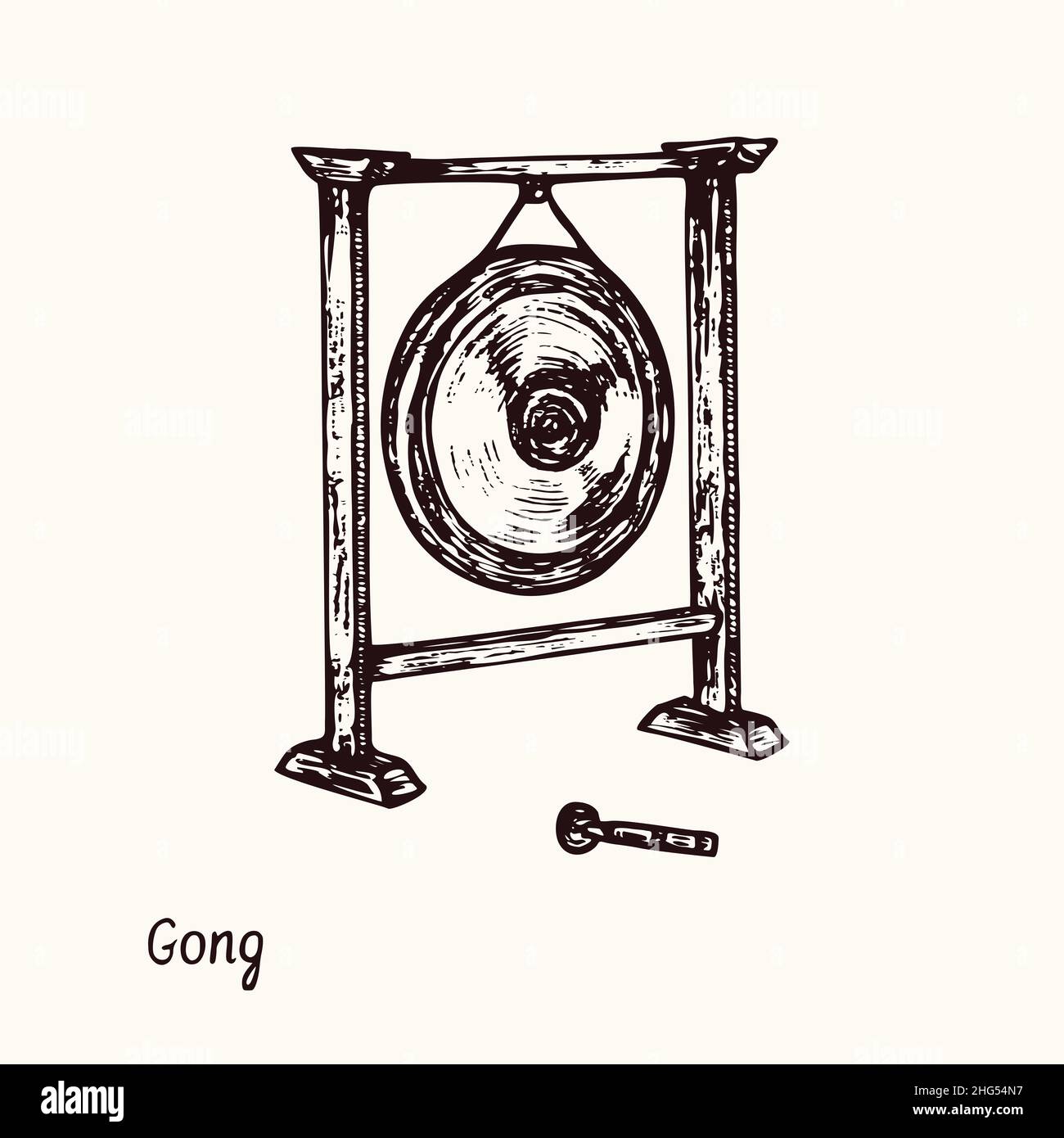 Gong.Dessin d'une boisée noire et blanche avec inscription. Banque D'Images