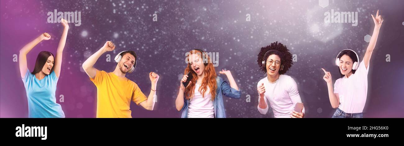 Divers membres du millénaire écoutent des chansons fraîches dans des écouteurs sans fil et dansent sur un fond cosmique Banque D'Images