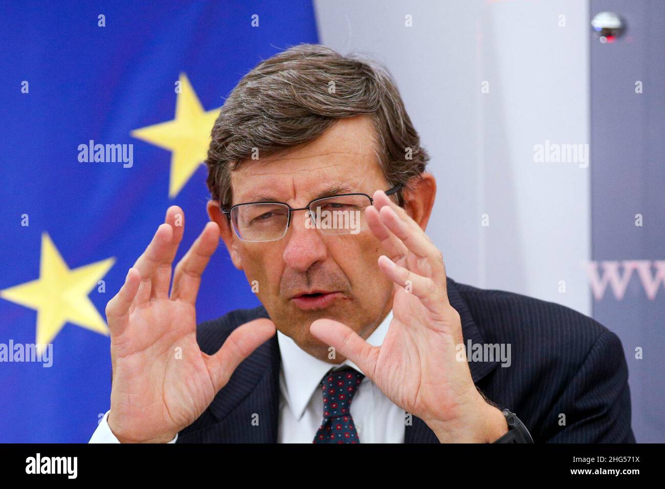 Italie, Rome, 7 septembre 2021 : Vittorio Colao, ministre de l'innovation technologique et de la transition numérique, participe à la conférence de presse pour Banque D'Images