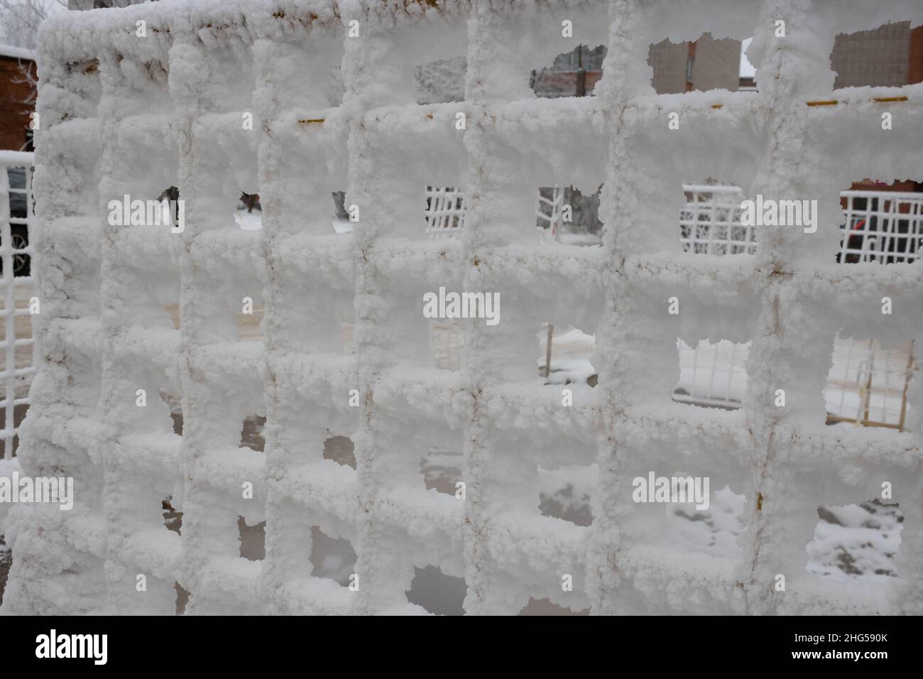La grille de clôture est parsemée de cristaux de givre, de flocons de neige.Hiver fond gelé et enneigé.Journée mondiale de la neige. Banque D'Images