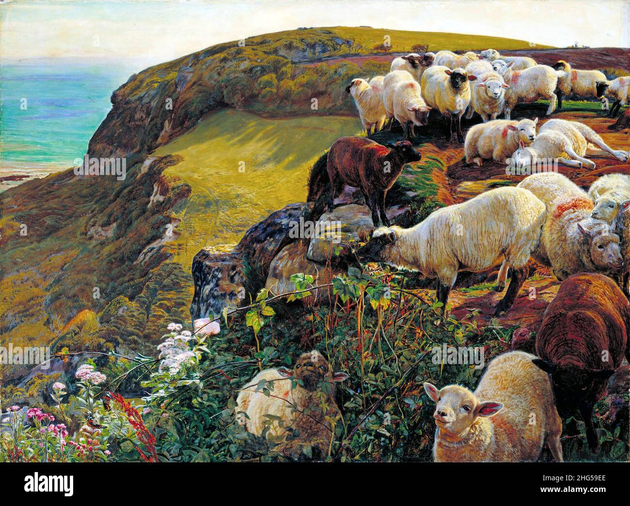 Nos côtes anglaises, 1852 (`Strayed Sheep') par William Holman Hunt (1827-1910), huile sur toile, 1852.Holman Hunt était une figure de premier plan du mouvement pré-Raphaelite du 19th siècle. Banque D'Images