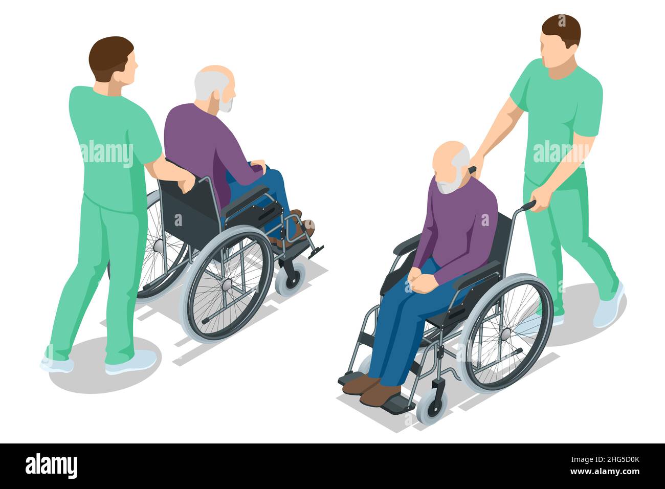 Patient âgé isométrique en fauteuil roulant et son soignant à la maison de retraite.Médecin prendre soin d'un homme patient assis dans un fauteuil roulant dans un hôpital. Illustration de Vecteur