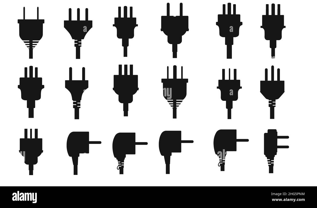 Ensemble de silhouettes noires de différents types de prises d'alimentation illustration vectorielle sur fond blanc Illustration de Vecteur