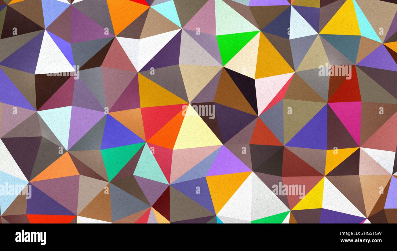 Motif graphique, abstrait et géométrique de triangles colorés sur fond de papier texturé.Composition abstraite colorée.Arrière-plan triangulaire. Banque D'Images