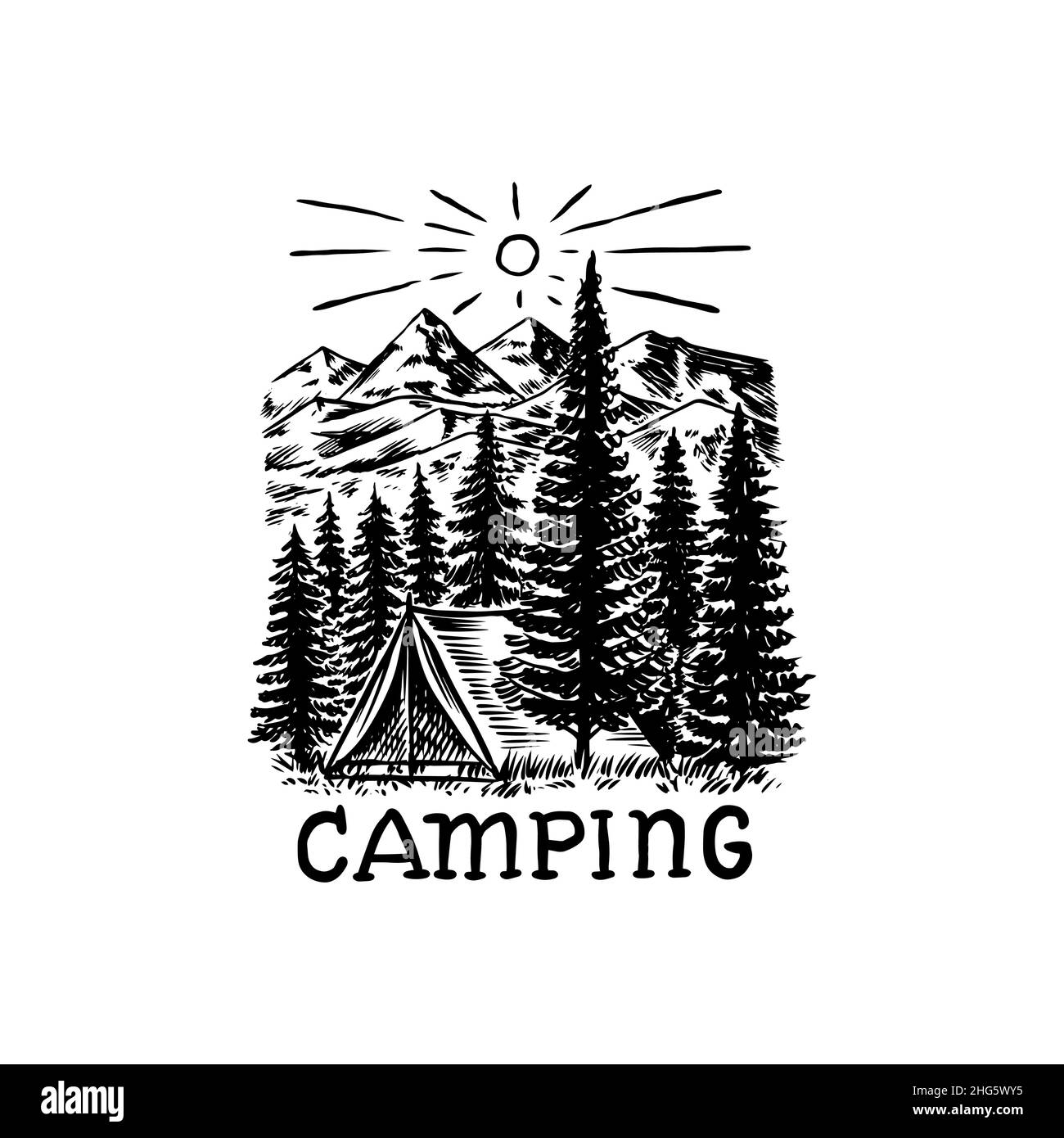 Montagnes pics.Arbres forestiers et tente et soleil.Paysage de la nature avec des sapins.Logolabel Camping.Aventure.Badge sur le tableau noir.Ancien tracé à la main Illustration de Vecteur