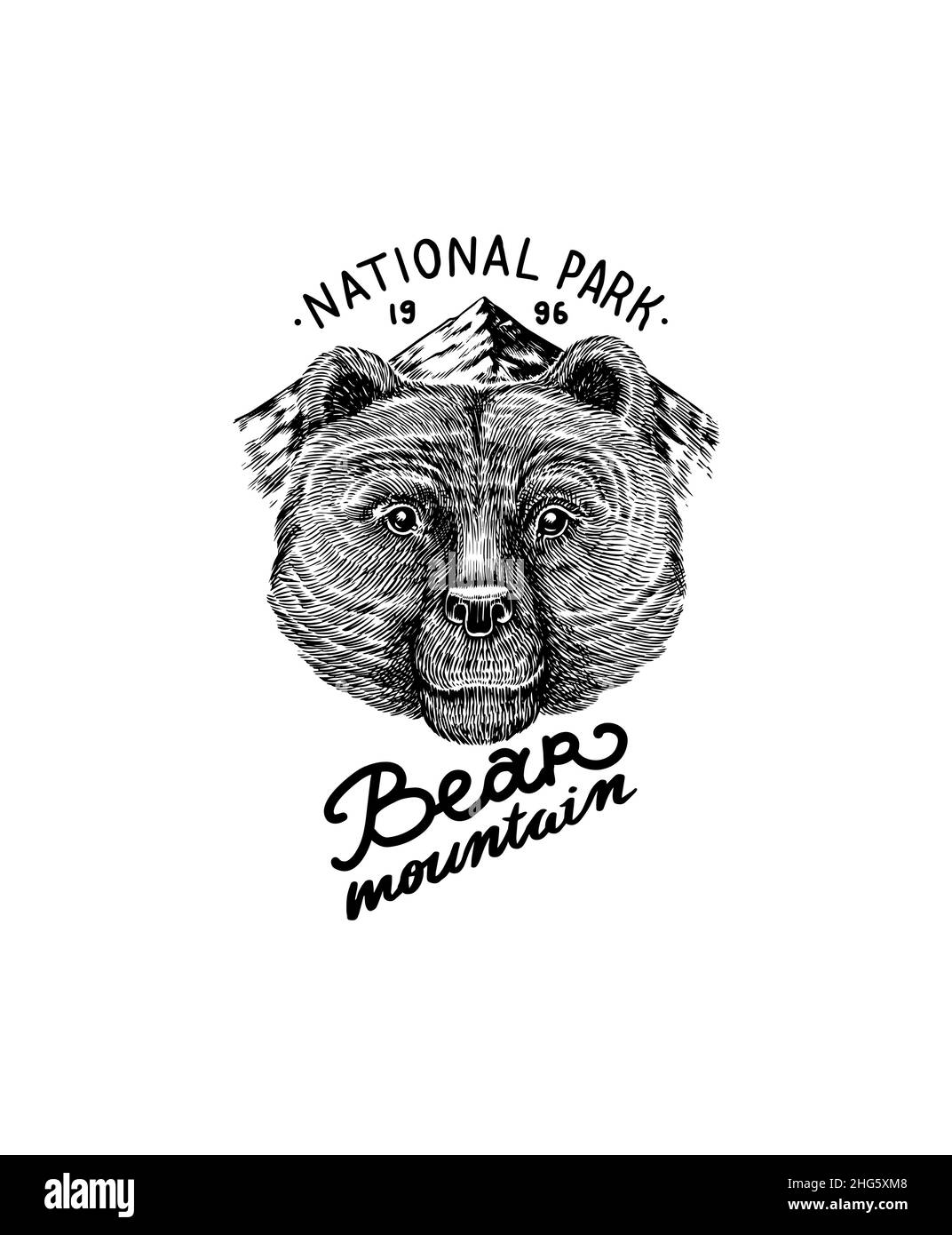 Ours grizzli brun sur le fond des sommets de montagne.Parc national.Logo et étiquette Camping.Aventure.Badge sur le tableau noir.Ancien tracé à la main Illustration de Vecteur