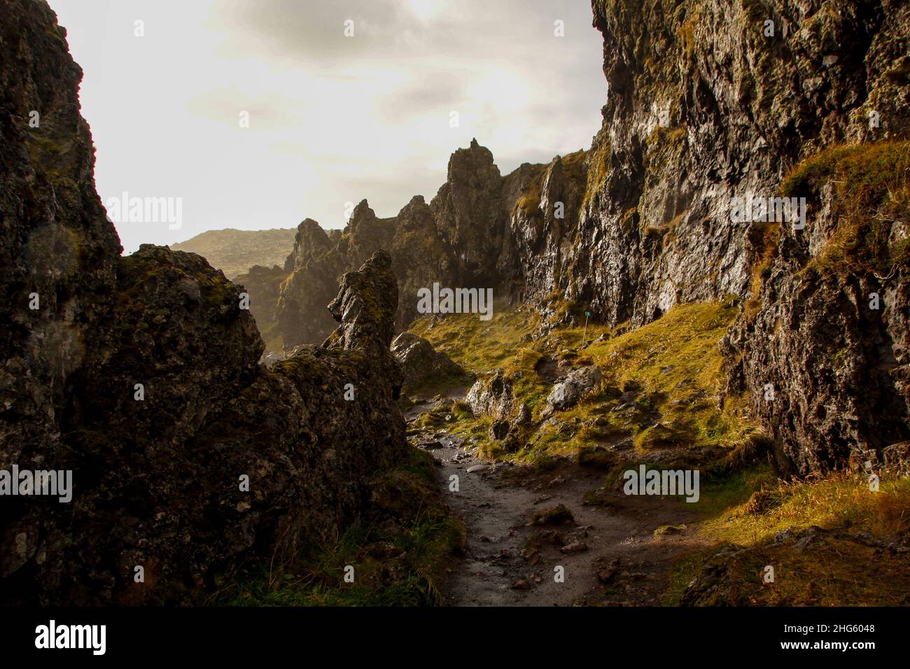 Sentier menant à la plage de Djúpalónssandur, péninsule de Snaefellsnes, Islande Banque D'Images