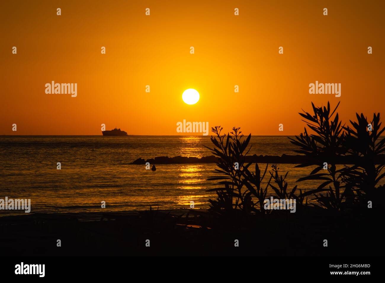 Grand coucher de soleil sur l'océan et silhouette de bateau touristique et de feuilles tropicales contre le ciel rouge coloré Banque D'Images