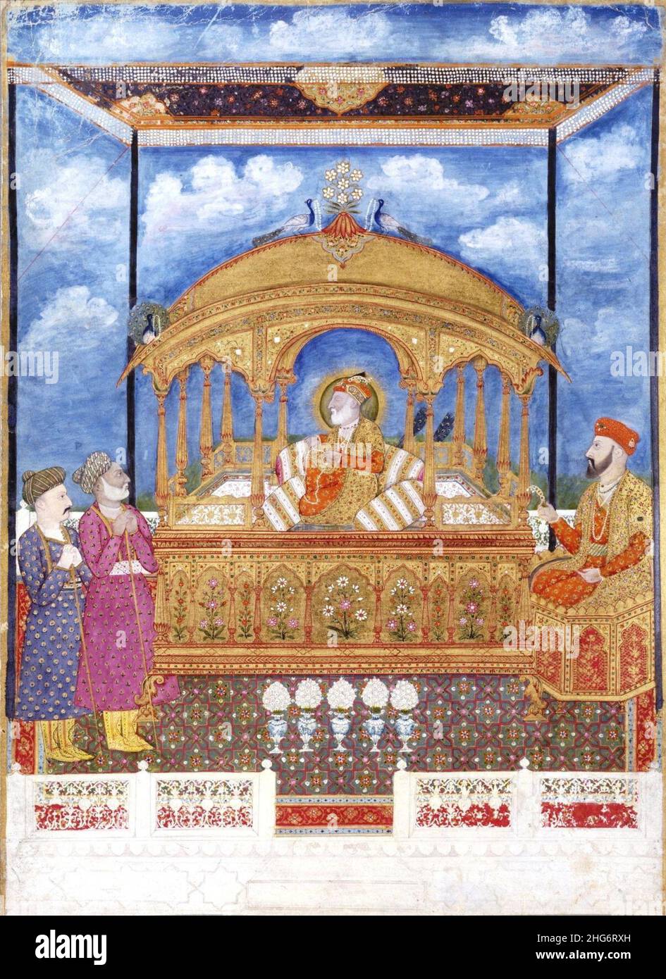 Shah Alam II, l'empereur aveugle Mughal, assis sur un trône d'or à Delhi. Banque D'Images