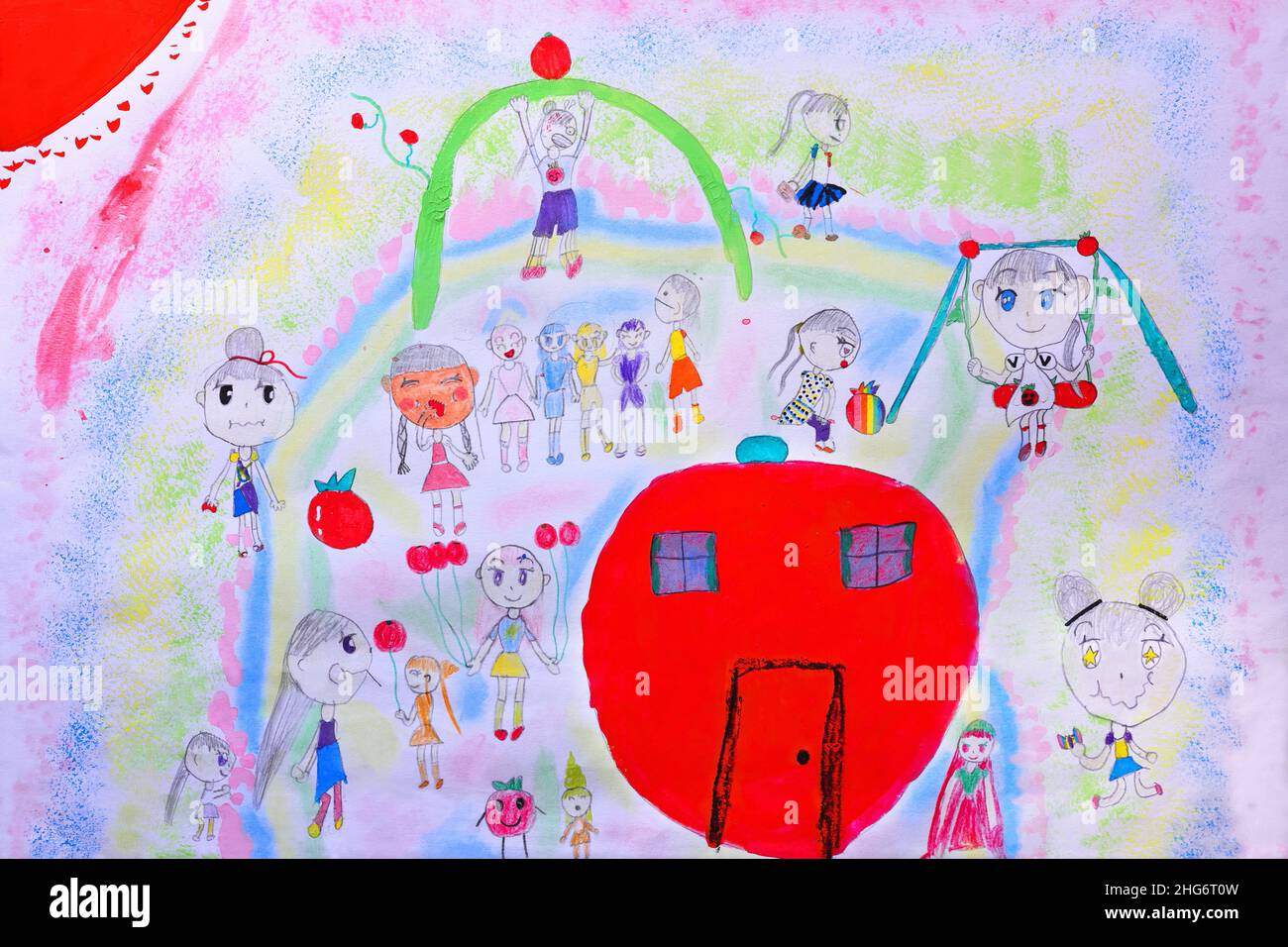 Dessin de main enfant sur papier, capturé avec un appareil photo numérique et le transformer en image JPEG Banque D'Images