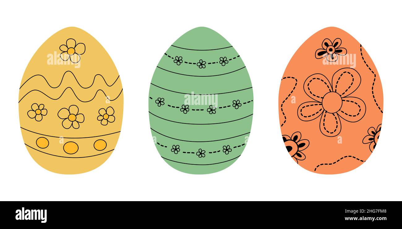 Lot de 3 œufs de pâques avec ornements.Formes simples d'oeufs avec fleurs, lignes, courbes, et motifs amusants de pâques Illustration de Vecteur