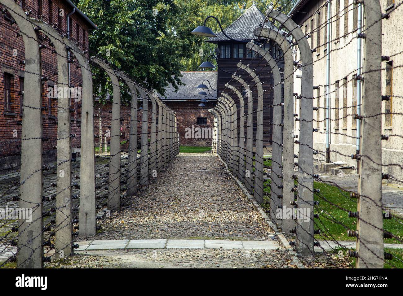 Clôture du jour du souvenir, camp de concentration d'Auschwitz Birkenau, Pologne Banque D'Images
