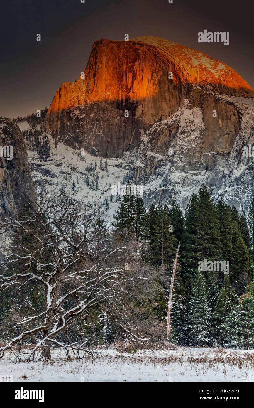 Paysage enneigé d'hiver avec demi-dôme de montagne dans la toile de fond a Banque D'Images
