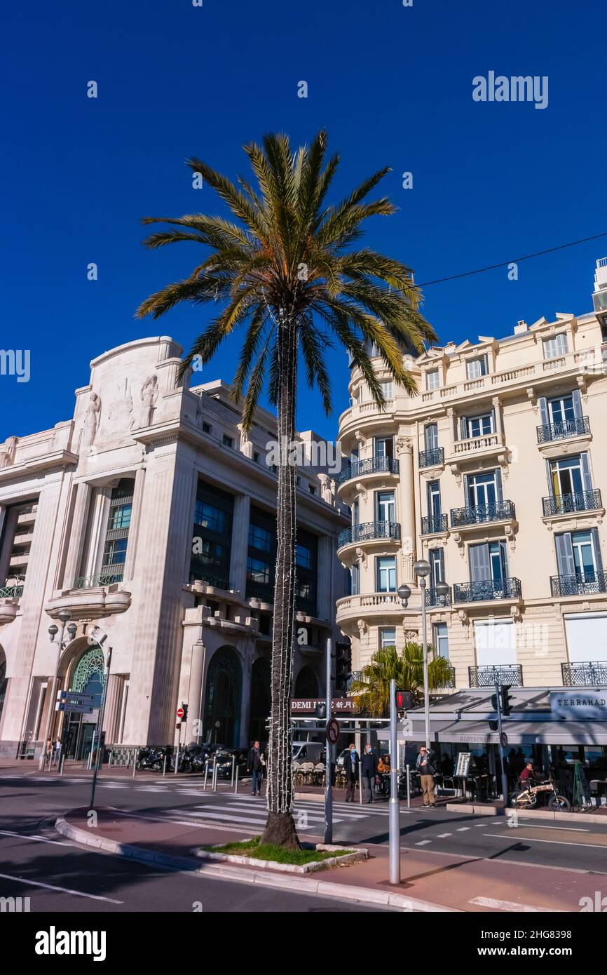 Nice, France, façades de bâtiments d'appartements traditionnels sur la Promenade des Anglais, avec palmiers Banque D'Images