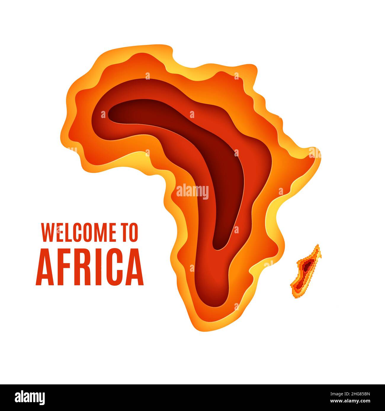 Bienvenue à l'affiche Afrique.Paysage africain en papier coupé.Silhouette superposée de carte de l'Afrique et de Madagascar en orange.Journée Vector Africa Illustration de Vecteur